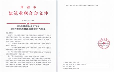 【喜讯】冶建公司荣获河池市修建业团结会多项声誉